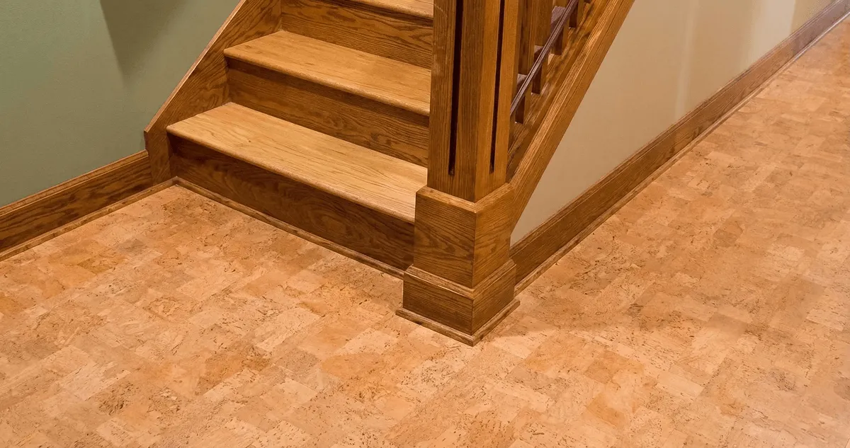 End of a staircase with cork flooring in Dayton, OH