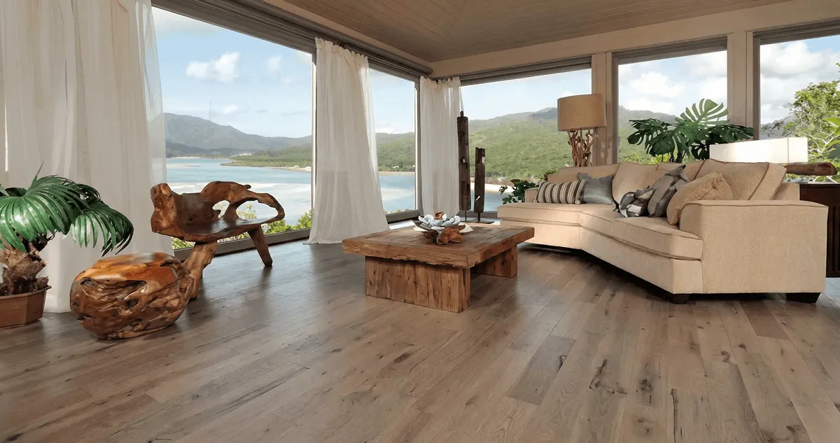 Professionally installed vinyl flooring in a modern living room with large windows in Dayton, OH